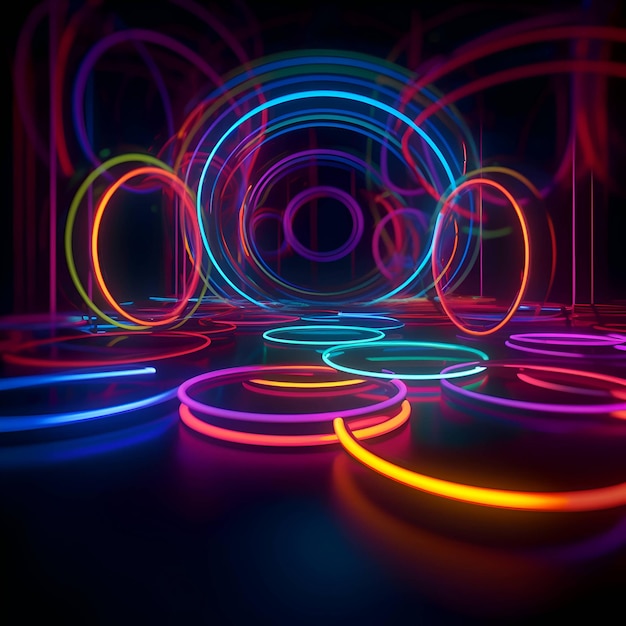 Neon abstract background with circles and lines 3d rendering