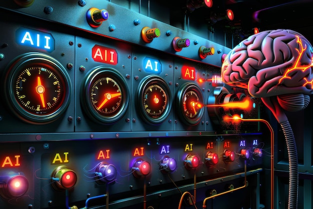 Neon AI control panels reflecting advanced technology in action with vibrant brain model for cogni