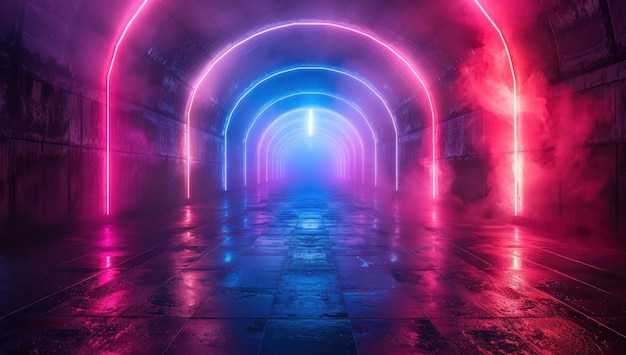 Neon Arches in a Foggy Tunnel