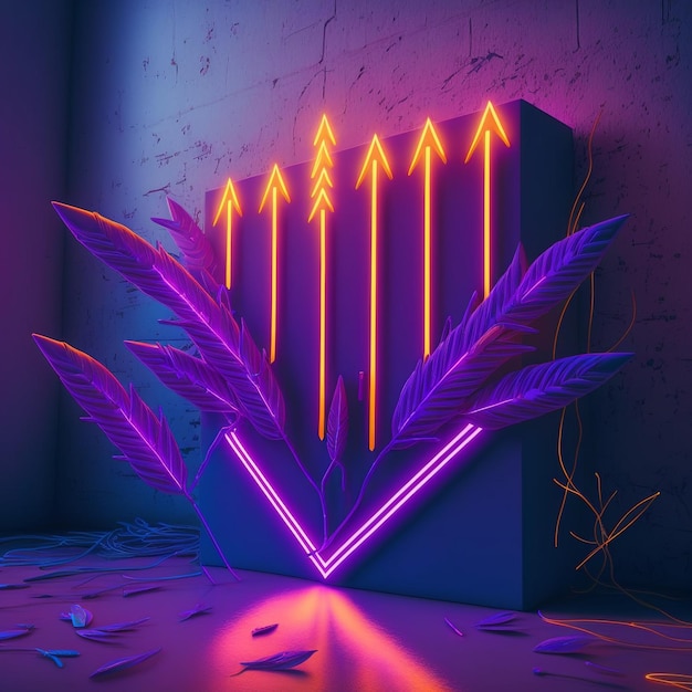 Neon arrow lamps on wall Purple blue light Vaporwave illustration Generative AI