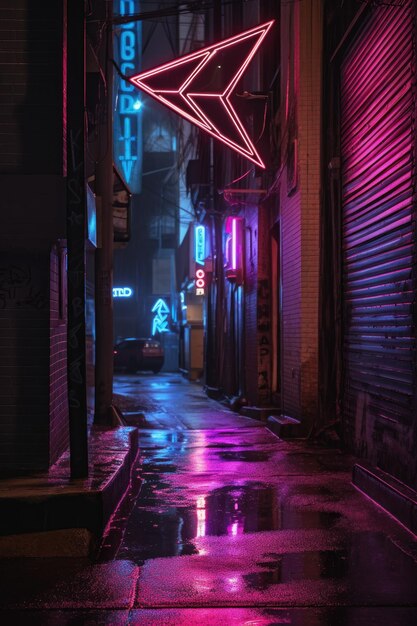 Neon arrow sign illuminating a dark alleyway created with generative ai