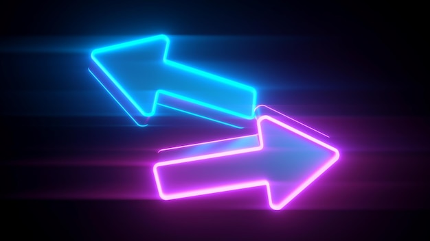 Neon arrows that look in different directions in a blue and pink glow 3D rendering