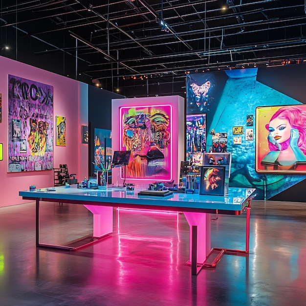 Neon Art Gallery Interior with Colorful Paintings and a Pink Table