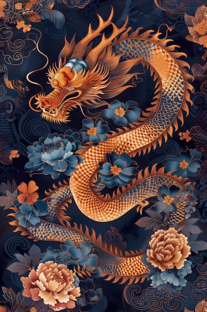 Neon Art Nouveau Chinese Embroidery Wallpaper with Dragon