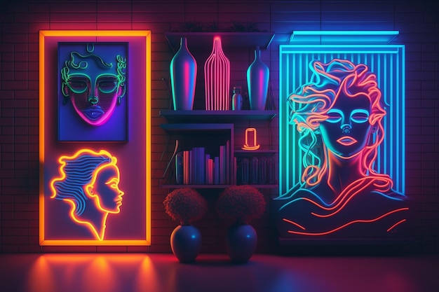 A neon art piece that has a picture of a woman and a man on it.