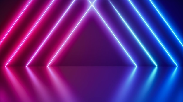 Neon Background Abstract Blue And Pink with Light Shapes triangle on colorful and reflective floor