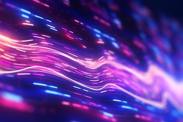 Neon background of blue and pink waves fast lines at high speed symbol of connection