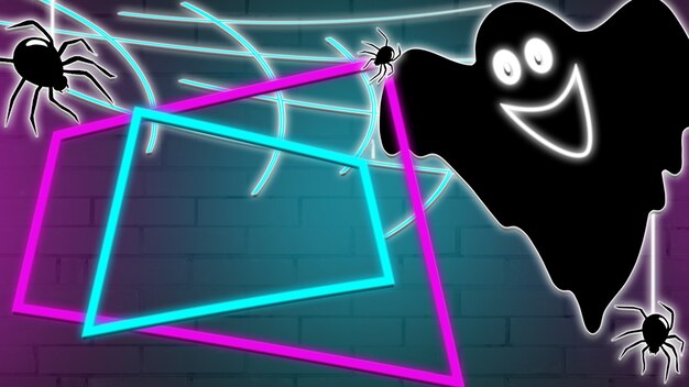 Neon background for halloween, with a ghost and spiders