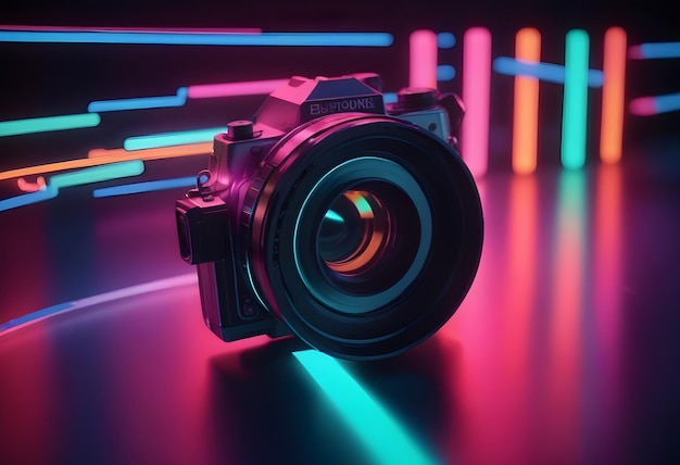 Neon background with camera lens