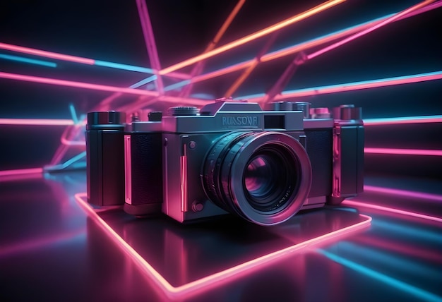 Neon background with camera lens