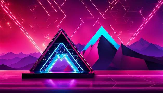 A neon background with a geometric design and a mountain