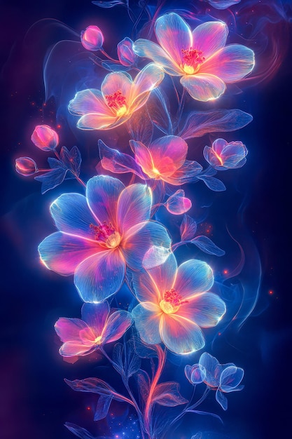 Neon banner Fantasy cosmic flowers on dark background