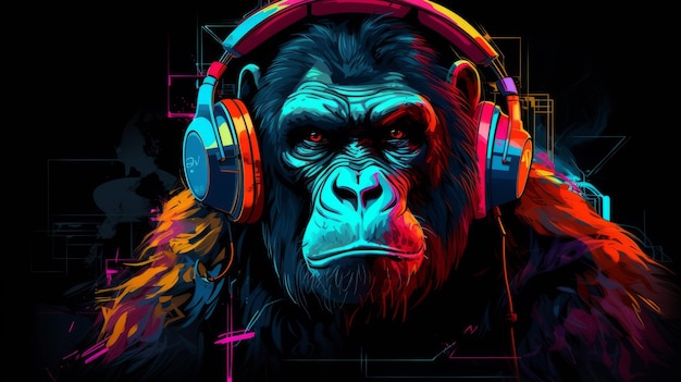 Neon Beats Colorful Style Artistic Gorilla Wearing Headphones