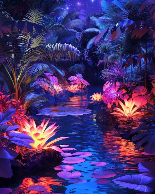 Photo neon bloom oasis at night fluorescent plants illuminating the waters edge a hidden gem in the desert