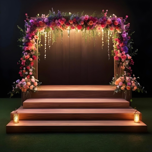 Neon bloom wooden stage enlivened with vibrant floral accents wedding stage