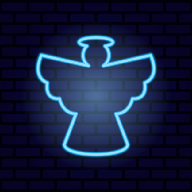 Neon blue angel illuminated on brick wall background illustration