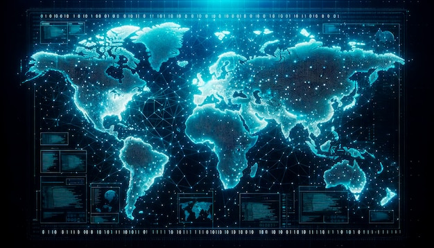 Photo neon blue digital world map with grid lines and data panels technology and global communication concept generative ai