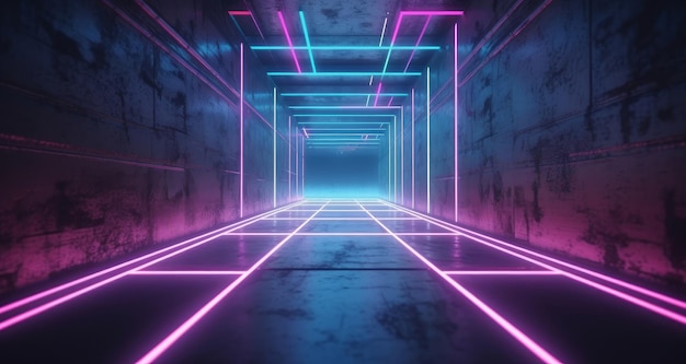 Neon and blue neon beams in the dark room Illustration AI GenerativexA