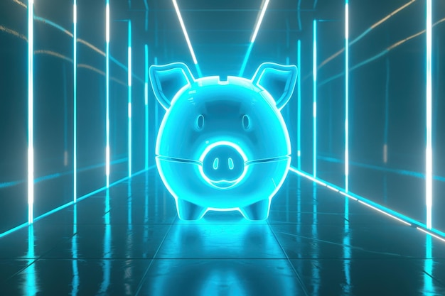 A neon blue piggy bank glowing in a hightech corridor crafted using generative AI technology