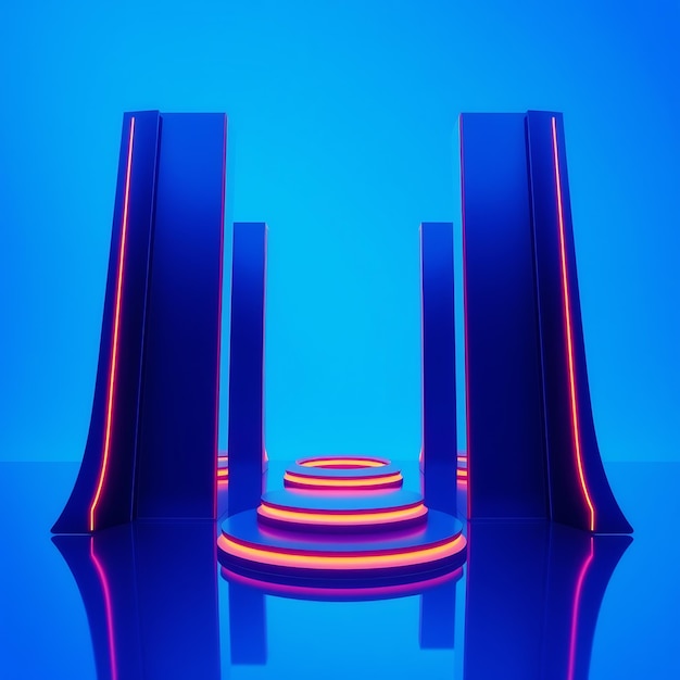 Photo neon blue and pink glowing platform with pillars