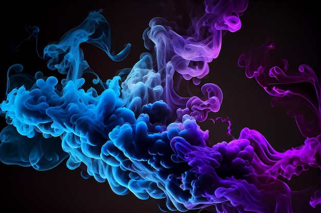 Neon blue and purple multicolored smoke puff cloud design elements on a dark background Generative ai