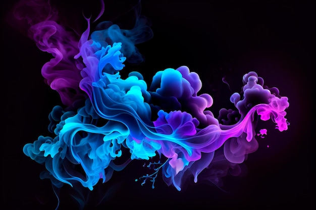 Neon blue and purple multicolored smoke puff cloud design elements on a dark background Generative ai