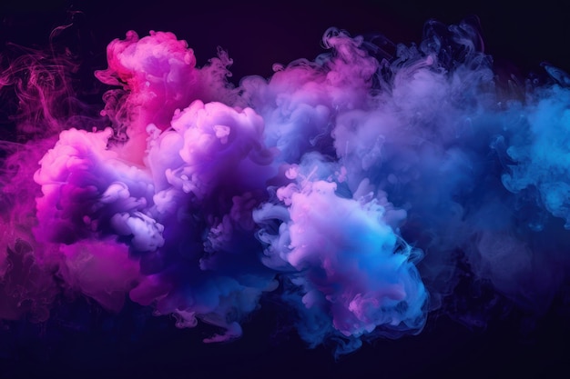 Neon blue and purple multicolored smoke puff cloud design elements on a dark background