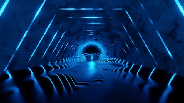 Neon blue tunnel abstract corridor blue background Flying in futuristic tunnel with fluorescent