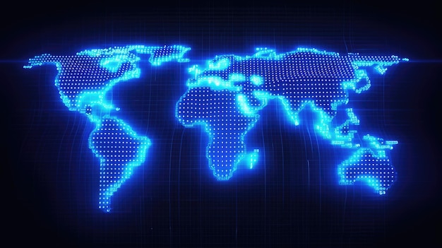 Photo neon blue world map on digital background