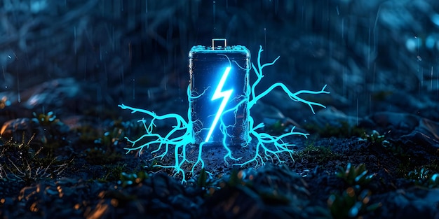 Neon BlueLit Abstract Roots Lithium Ion Battery with Lightning Bolt Icon Concept Neon Lighting Abstract Art Roots Inspiration Lithium Ion Battery Lightning Bolt Icon