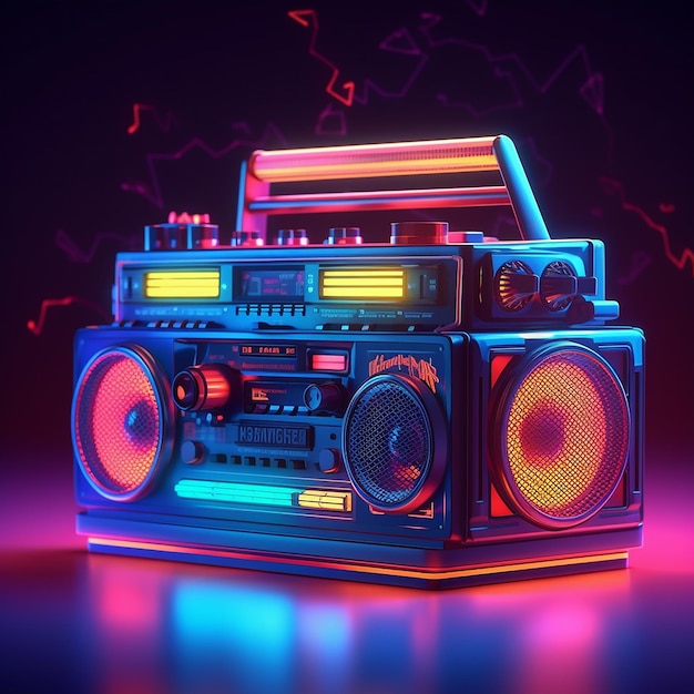 A neon boombox with the word boombox on it