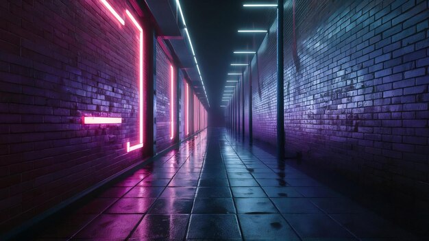 Neon brick wall and sidewalk wet copy space banner