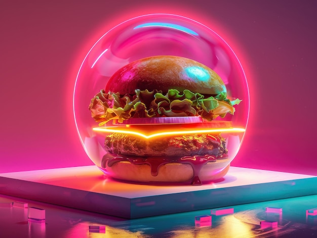 Photo neon burger display under glass dome