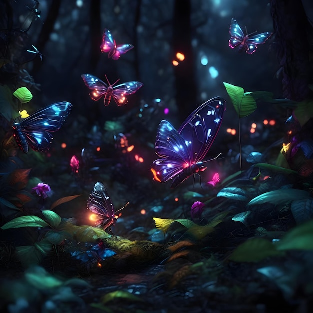 Neon butterflies and bugs are flying in a dark night forest 4k detailing