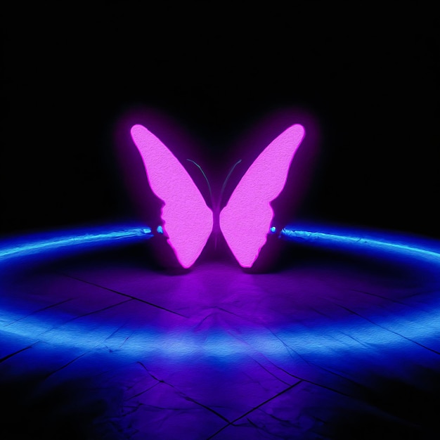 A neon butterfly is displayed in a circle with a blue light around it.