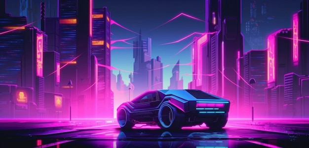 A neon car in front of a cityscape.