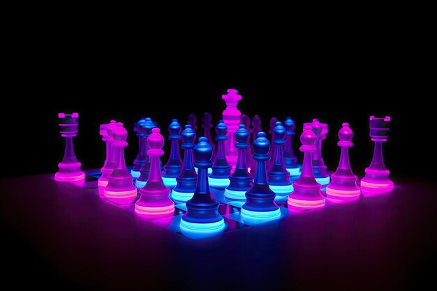 Photo neon chess pieces set in motion for intense game of strategy created with generative ai