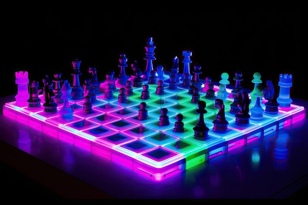 Photo neon chess set in motion with pieces moving and making their moves created with generative ai