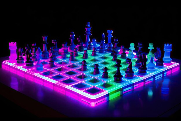 Photo neon chess set in motion with pieces moving and making their moves created with generative ai