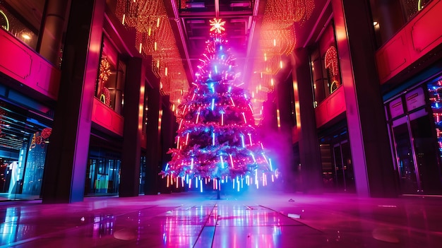 Neon Christmas Tree in an Urban Setting