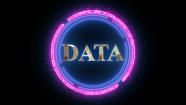 Neon circle with the word DATA in the center against a dark background