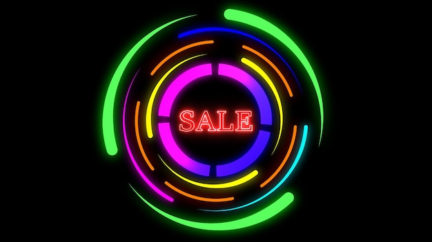 Neon circles sale word with vibrant colors on a black background