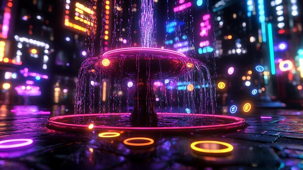 Neon City Fountain with Colorful Lights