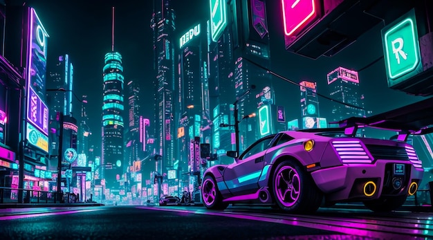 neon city nightlife with a modern futuristic car