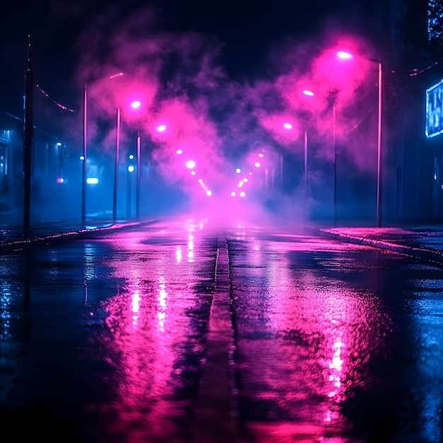 Photo neon city nightscape photo pink and blue lit street with reflections