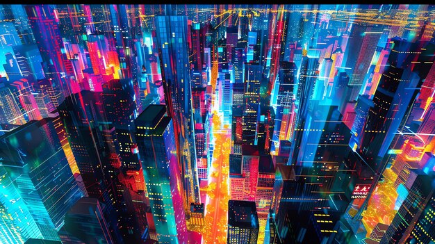 A neon city skyline viewed from above