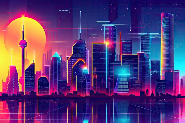 Neon city skyline with a mix of retro and modern elements Dynamic neon city skyline blending retro and modern aesthetics