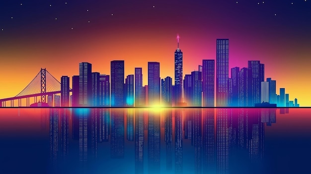 Neon City Skyline with Sunset Reflection