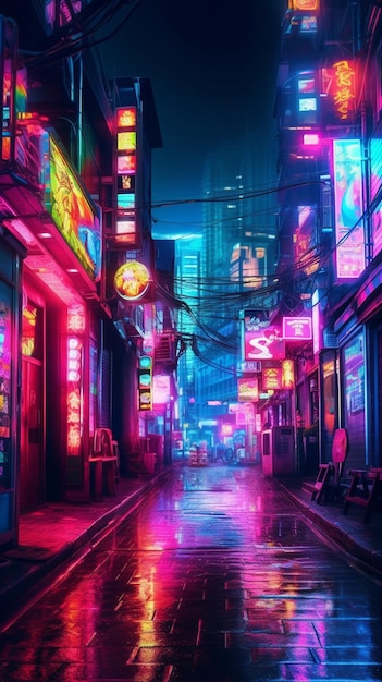 Neon city street at night with neon signs and buildings generative ai