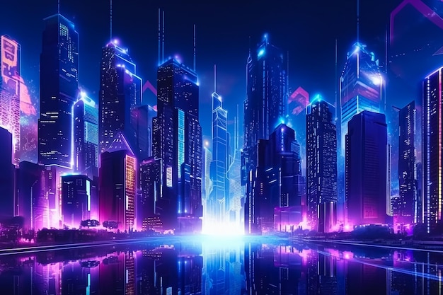 A neon city with a blue light and a neon city in the background.